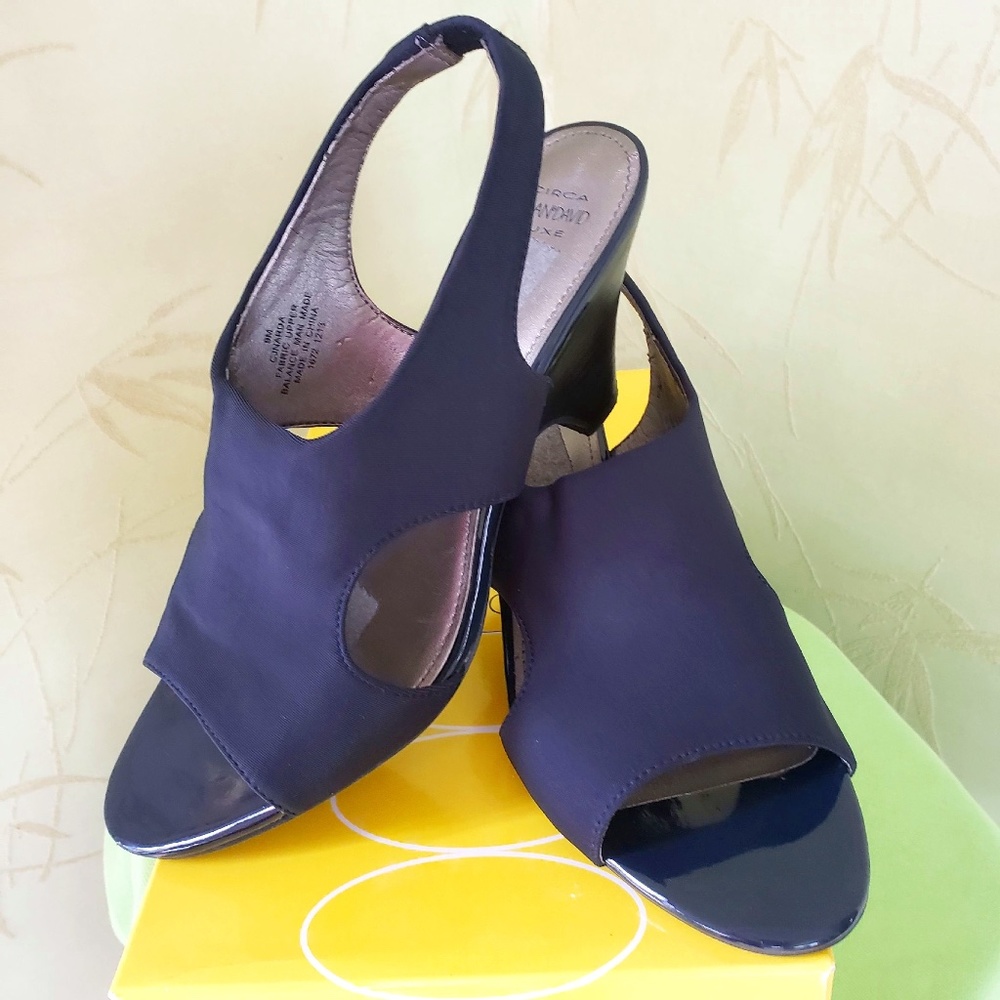 CIRCA WOMEN'S OPEN-TOE SHOES HEELED SANDALS:PRE-OWNED NAVY SLING BACK SIZE:9